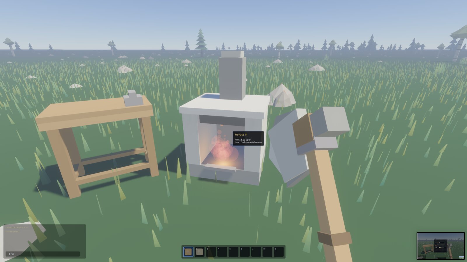 A lit furnace burning beside a workbench, stone hatchet in hand