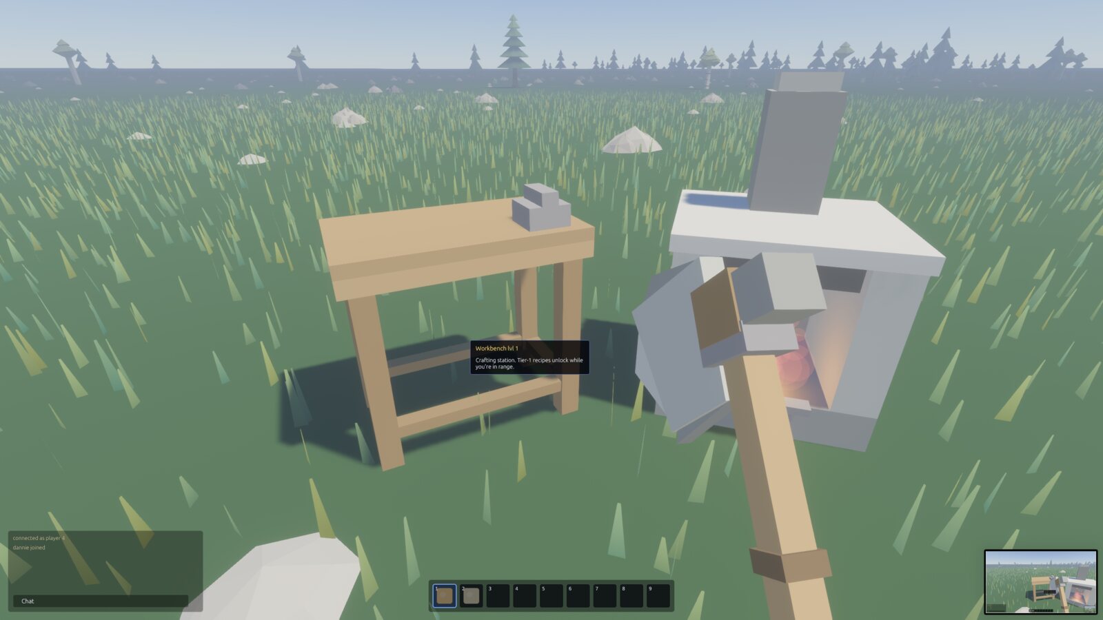 Crafting at a workbench with a stone hatchet